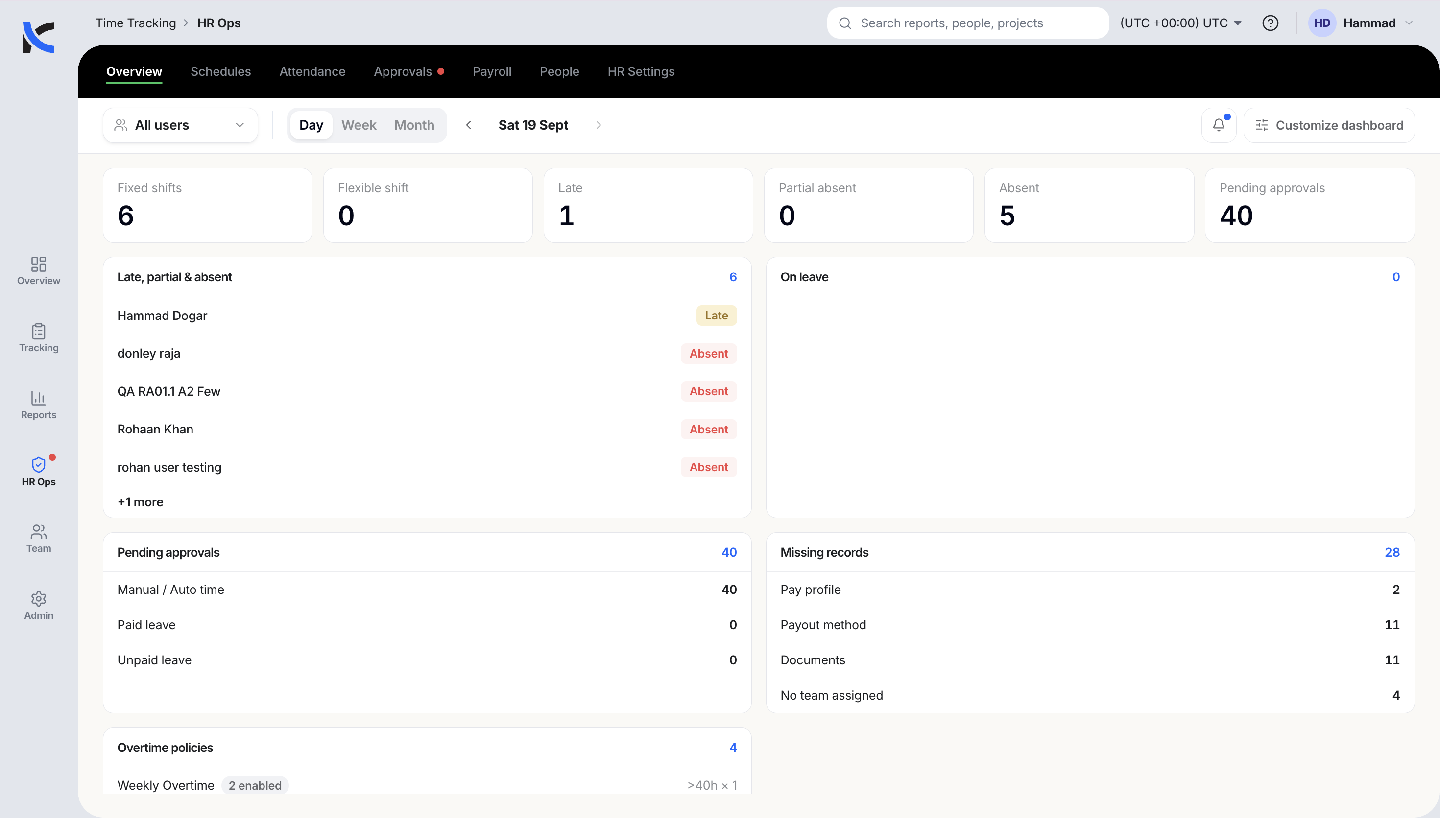 KordanoTime HR Ops screen