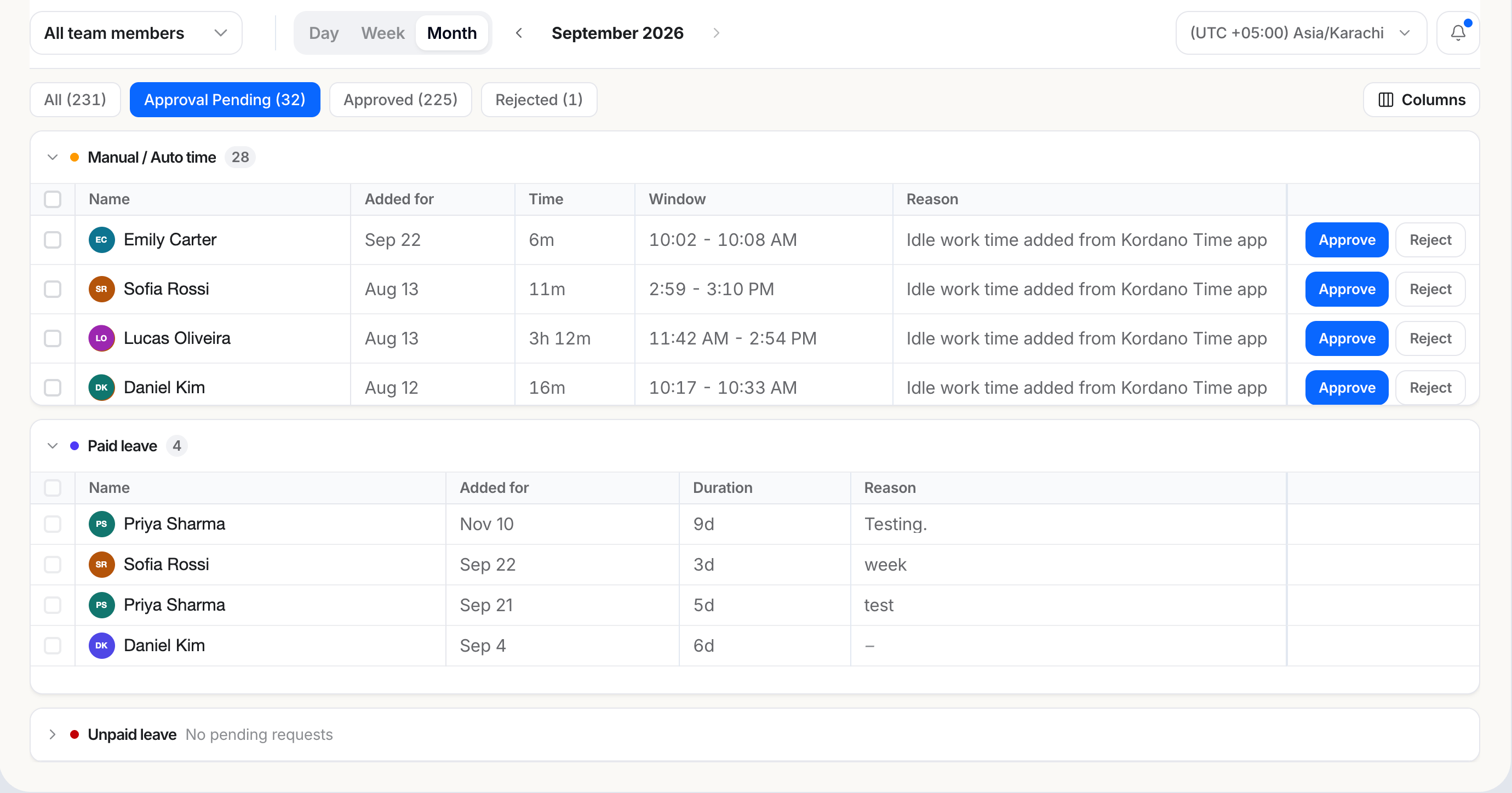 Pending manual time and paid leave requests waiting for approval